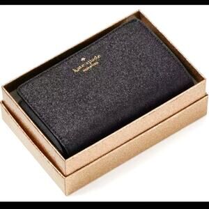 NIB Kate Spade Medium Boxed Glitter Compact Bifold Wallet in Black